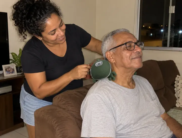 Filha usando o massageador no pai na sala