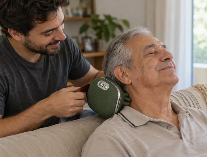 Filho segurando o massageador no pescoço do pai no sofá