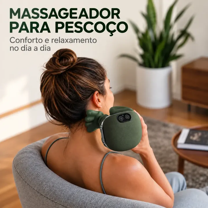Mulher sentada na poltrona usando o massageador no pescoço
