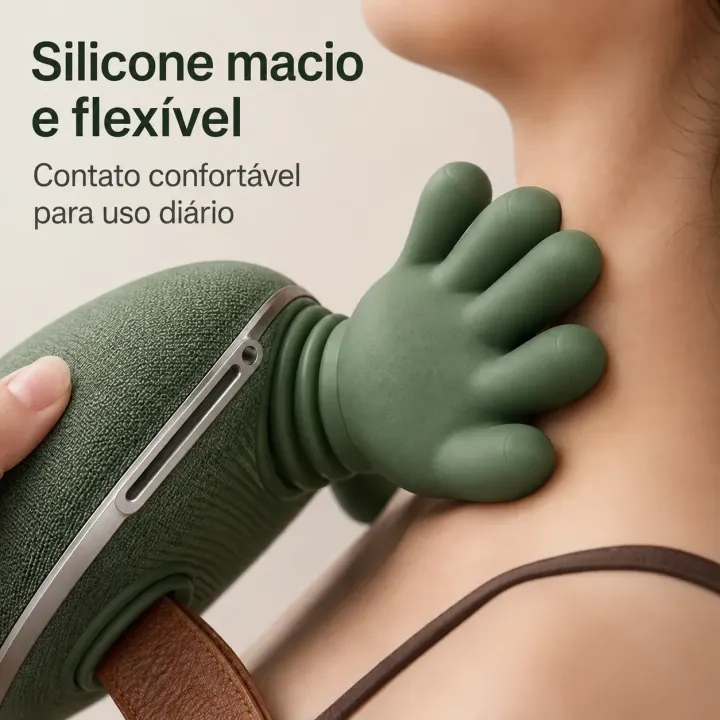 Mão de silicone macio e flexível encostada no pescoço